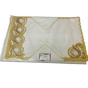 Vtg Leacock Quality Hand Prints Linen Scalloped Napkins Place Mats Set Retro NEW